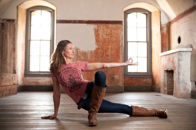 Yoga Teacher Janet Stone wears Bahgsu Jewels on the cover of Yoga Jour