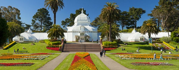 Panorama of Conservatory of Flowers. Golden Gate Park, San Francisco.